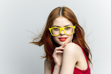 pretty woman yellow glasses hairstyle fashion close-up