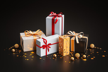 3d Rendering von Geschenken und Geschenkboxen mit Christbaumkugeln und Schleife zu Weihnachten für...