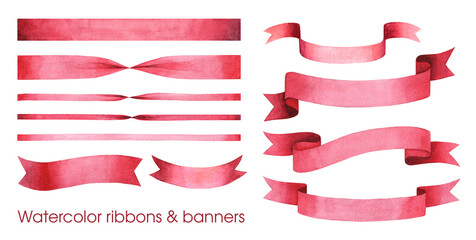 Watercolor illustrations kit with red ribbons and banners. Christmas, Valentines, birthday. Holiday greeting card decoration set.