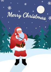 Cartoon Santa Claus with a bag of gifts in the snowy forest. Beautiful free font. Vector illustration. Cozy design for cards.