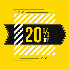 20% off sale. Discount price. Discounted special offer announcement. Black, yellow and white color conceptual banner for promotions and offers with 20 percent off. - obrazy, fototapety, plakaty
