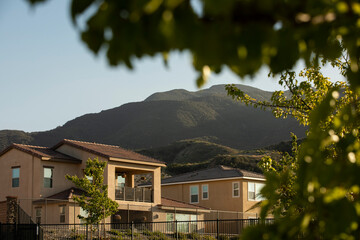 Late afternoon view of a neighborhood in Corona, California, USA.