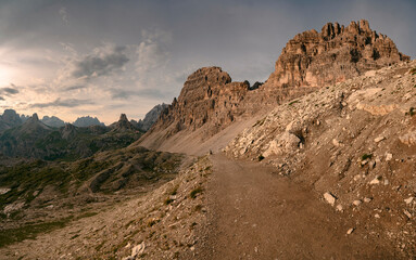 Three peaks of Tre Cime di Lavaredo during sunset