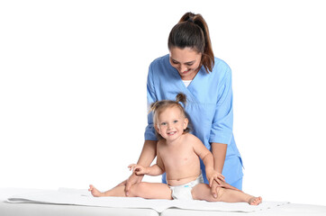 Massage therapist with baby on white background