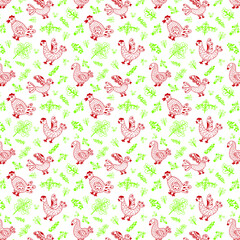 A seamless repeated folklore pattern with red hens rusters and geese among hgreen flowers and berries on white endless background. Hand drawn in doodle style for spring holiday greetings, textile