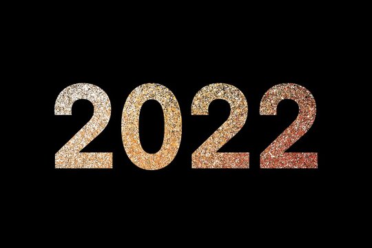 new 2022 year caption with golden glitter and sparkles on blank black background, trendy luxury number calendar decoration, high resolution, two thousand twenty two, two thousand twenty second year