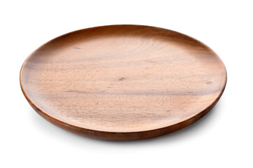 Round wooden plate on white background