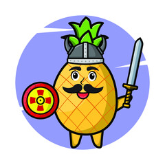 Pineapple viking pirate character cartoon with hat and holding sword and shield in cute style design for t-shirt, sticker, logo element, poster