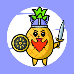 Pineapple viking pirate character cartoon with hat and holding sword and shield in cute style design for t-shirt, sticker, logo element, poster