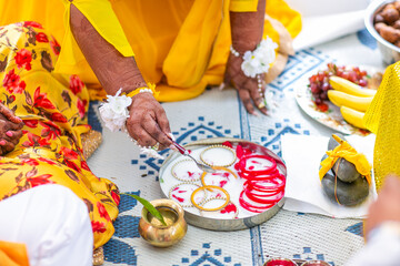 Indian pre wedding ceremony ritual items close up