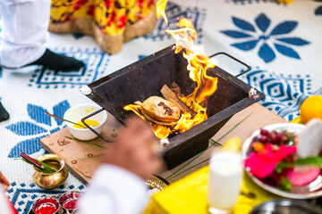 Indian hindu wedding ceremony ritual sacred fire close up