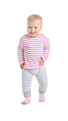 Cute baby girl learning to walk on white background