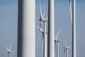 Group of wind turbines, producing renewable energy, in the municipality of Rueda de Jalon, Valdejalon region, Zaragoza province, Aragon, Spain