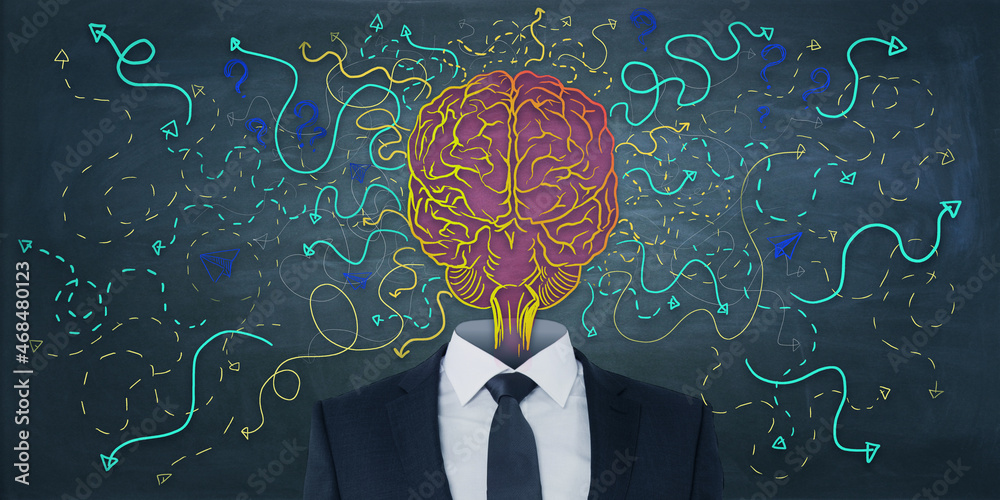 Aufkleber Abstract businessman with brain head on chalkboard wall backdrop with arrows and thought icons sketch. Solution, direction, success and brainstorm concept.