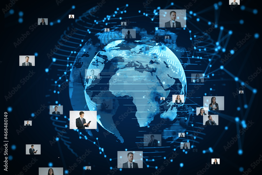 Poster abstract glowing globe hologram with photo gallery on blue background. technology, global media and 