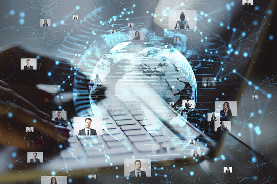 Close up of hand using laptop at desktop with abstract glowing globe hologram with photo gallery on blurry background. Technology, global media and entertainment concept. Double exposure.