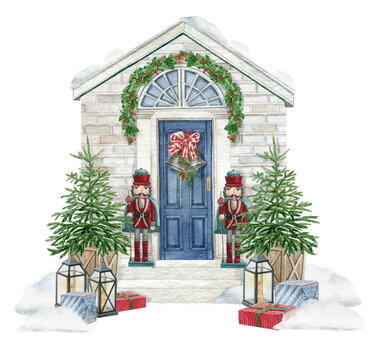 Christmas Blue Front Door, Winter Holiday Door Scene , Watercolor Outdoor Xmas Decoration With Xmas Tree, Nutcracker, Lantern, Wreath, Present Boxes, Bell And Red Bow