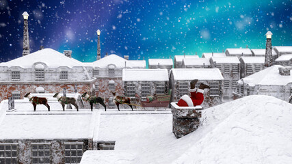 3D rendering of a Christmas scene of snow covered Victorian rooo