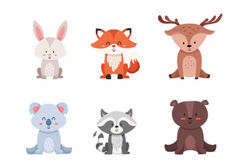 Cute wild animals set including fox, hare, deer, bear, koala and racoon. Safari jungle animals vector for children print and decoration. Vector cartoon illustration isolated on white background.