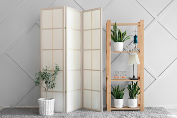 Stylish folding screen and houseplants in room interior
