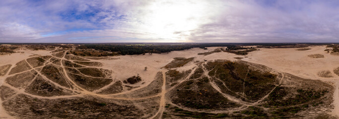 360 degree panorama ready for use in VR invironment super wide aerial Loonse en Drunense Duinen sand dunes in The Netherlands. Unique Dutch natural phenomenon of sandbank drift plain seen from above. 