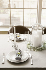 Fototapeta na wymiar Beautiful table setting for wedding celebration in restaurant