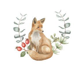 graphic, fox, isolated, forest, christmas, winter, decoration, character, red, clipart, festive, spruce, celebration, new year, season, animal, cute, nature, background, design, illustration, card, ha