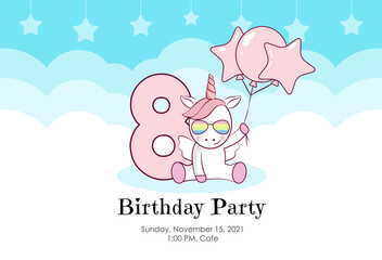 Birthday invitation with cute unicorn, balloons and clouds in blue and pink colors. Ready to use and editable template. An invitation for children and adults. Eighth year of birth. 