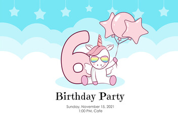Birthday invitation with cute unicorn, balloons and clouds in blue and pink colors. Ready to use and editable template. An invitation for children and adults. Sixth year of birth. 