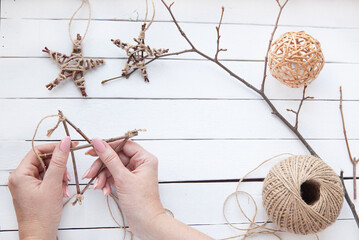 Christmas stars from branches and jute rope, Make stars with your own hands. Master Class.
