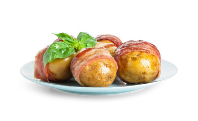 Plate of tasty baked potatoes with bacon on white background