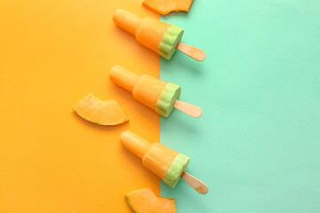 Tasty melon popsicles on color background