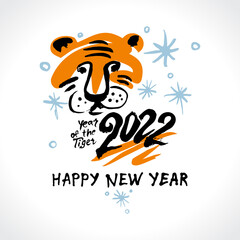 Brush painted tiger and snow. 2022. Happy New Year. Vector new year card. 