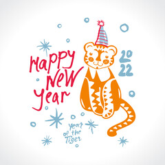Cute tiger and snow. 2022. Happy New Year. Vector new year card. 