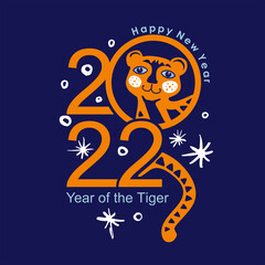 Happy Tiger and snow. 2022. Happy New Year. Vector bright card. 