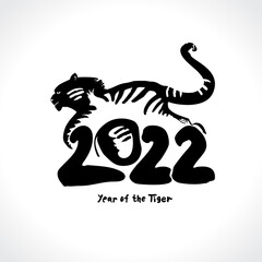 Year of the Tiger 2022. Black tiger sketch. Hand draw Tiger Zodiac symbol. Chinese New Year Greeting Card. Pattern tiger vector illustration.  
