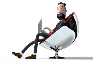Handsome cartoon businessman working on a laptop - 3D illustration
