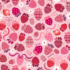 Plaid and polka dots strawberries, classic pink and red hearts, flowers, ribbons. Text: love, xoxo, be mine, dream big, sweet, cutie, hello. Valentine’s Day romantic holiday design, #lovecore trend.