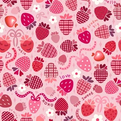 Deurstickers Plaid and polka dots strawberries, classic pink and red hearts, flowers, ribbons. Text: love, xoxo, be mine, dream big, sweet, cutie, hello. Valentine’s Day romantic holiday design,  lovecore trend. © Dina'sNaturalAvenue