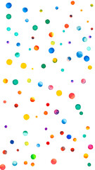 Watercolor confetti on white background. Alive rainbow colored dots. Happy celebration high colorful bright card. Immaculate hand painted confetti.
