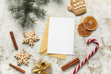 Blank card with gift and Christmas tree on grunge background