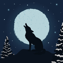 Wolf and moon. Halloween night vector illustration.