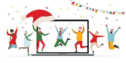 People wishing Merry Christmas and Happy New Year, celebrating holiday and giving gifts via video call or web conference in 2022. quarantine, online party. Vector illustration.