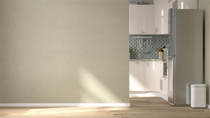 3d rendering mock up picture of a beautiful modern style build-in kitchen cabinet set with a refrigerator and a blank green wall for home products background. Backdrop, Indoors, Interior, Morning.