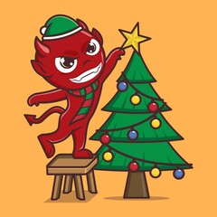 Naklejka premium cute cartoon devil puts star on christmas tree. vector illustration for mascot logo or sticker