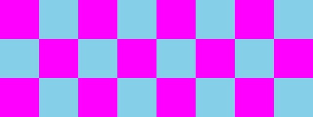 Checkerboard banner. Sky blue and Magenta colors of checkerboard. Big squares, big cells. Chessboard, checkerboard texture. Squares pattern. Background.