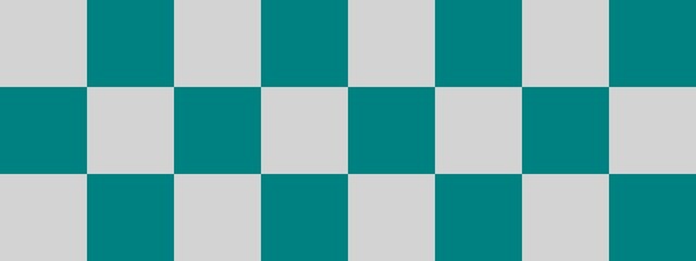 Checkerboard banner. Teal and Light grey colors of checkerboard. Big squares, big cells. Chessboard, checkerboard texture. Squares pattern. Background.