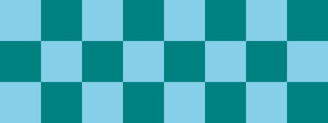 Checkerboard banner. Teal and Sky blue colors of checkerboard. Big squares, big cells. Chessboard, checkerboard texture. Squares pattern. Background.