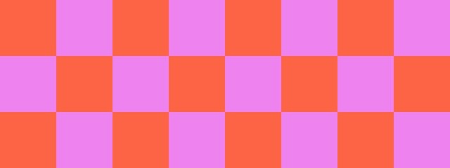 Checkerboard banner. Violet and Tomato colors of checkerboard. Big squares, big cells. Chessboard, checkerboard texture. Squares pattern. Background.