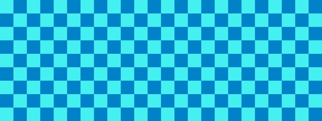 Checkerboard banner. Blue and Cyan colors of checkerboard. Small squares, small cells. Chessboard, checkerboard texture. Squares pattern. Background.